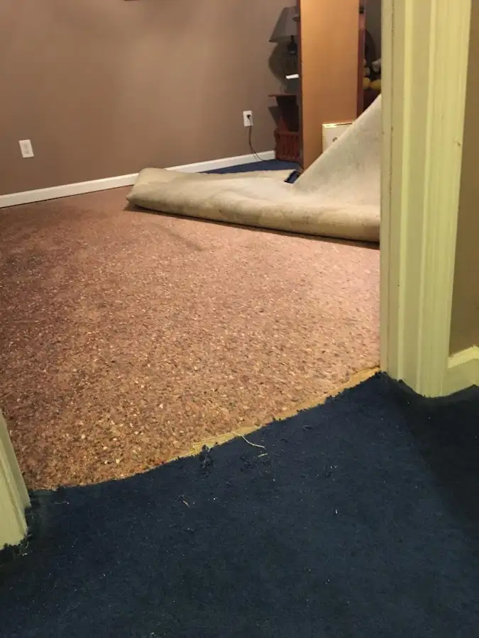 Carpet pad removal revealing water damage during Water Mitigation Services in Ojai